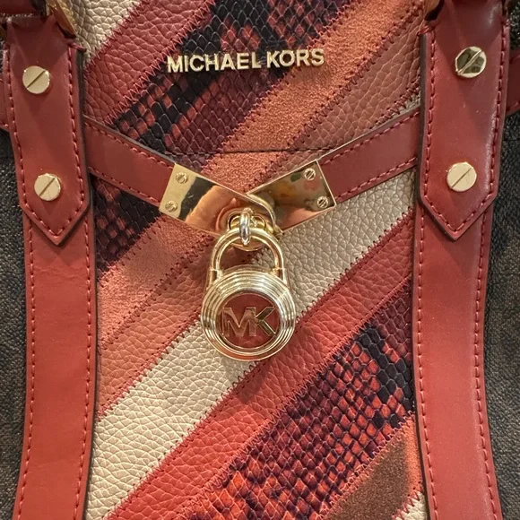 Michael Kors Nouveau Hamilton Large Logo Metallic Stripe Satchel & Dust Bag - Picture 3 of 16